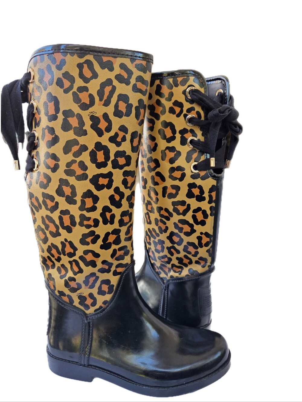Coach Leopard Print Lace-Up Rain Boots with Black Trim